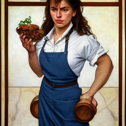 Image similar to epic portrait an muscular waitress wearing short sleeved uniform and carrying food, goddess, detailed, centered, digital painting, artstation, concept art, donato giancola, Dante Gabriel Rossetti, alphonse mucha, Joseph Christian Leyendecker, WLOP, Boris Vallejo, Annie Leibovitz and Steve McCurry, David Lazar, Jimmy Nelsson, Breathtaking, 8k resolution, extremely detailed, beautiful, establishing shot, artistic, hyperrealistic, beautiful face, octane render