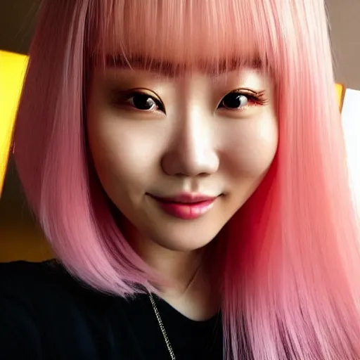 Prompt: beautiful hyperrealism selfie of nikki 苏 暖 暖 from shining nikki, a cute 3 d young woman smiling sofly, long light pink hair and full bangs, flushed face, blushing, small heart - shaped face, soft features, amber eyes, chinese heritage, golden hour, 8 k, sharp focus, instagram