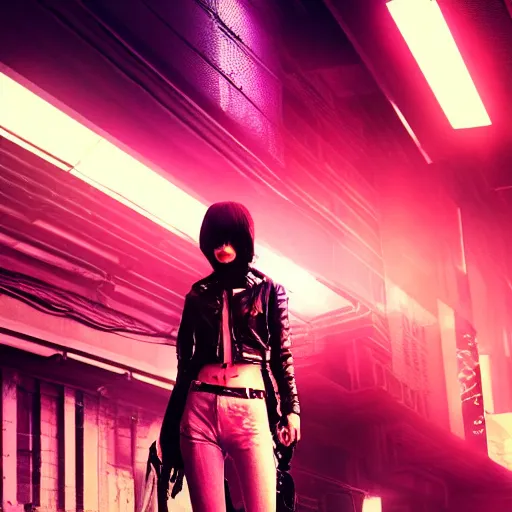 Prompt: high fashion poster clothing design photographic, majiec kuciara, cyberpunk blade runner, volumetric light, floodlight, ambient, street, dark, neon lights, artstation, high contrast, 4 k detailed