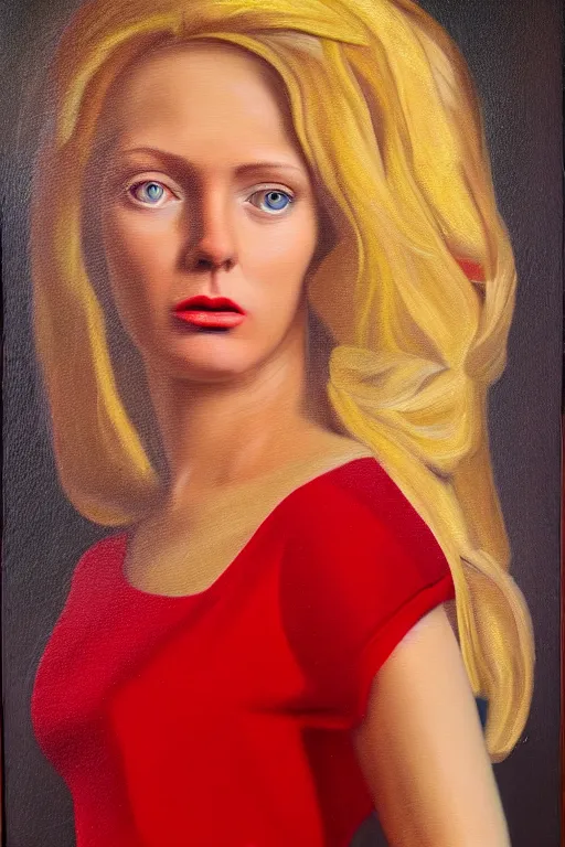 Prompt: hyperrealism mixed with classicism, oil painting, close - up portrait of blonde women in red dress standing, complete darkness, in style of classicism mixed with 8 0 s sci - fi hyperrealism