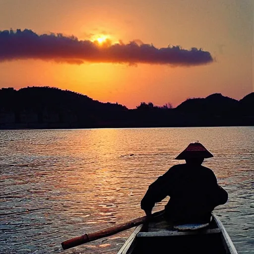 Image similar to “ an old chinese fisher on a small boat fishing with cormorant during sunset, he wears a red chinese hat ”