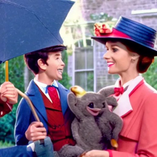 Image similar to a still of from the movie mary poppins crossover with the game pokemon snap