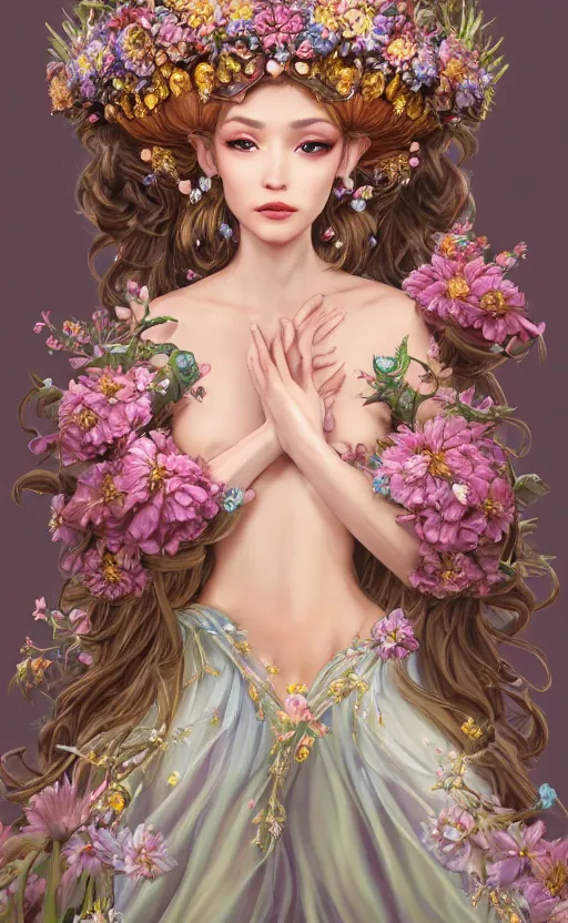 Image similar to A beautiful fantasy empress, highly detailed full body, just one head, amazing flower tiara, long hair, wearing aristocrat robe, delicate figure, field of flowers, among foxes and deer, epic composition, ultra wide-shot, dynamic pose, concept art, beautifully lit, digital painting, smooth, character design, sharp focus, elegant, intricate, trending on artstation, by WLOP and James Jean and Victo Ngai