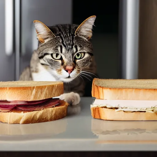 Prompt: an anthropomorphic cat makes a ham sandwich in a kitchen, 85mm f1.8