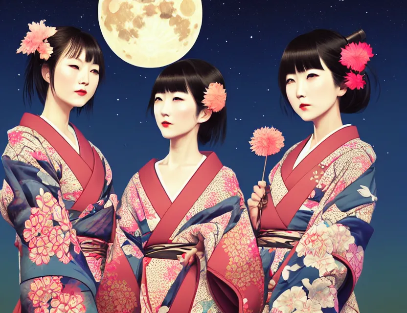 Image similar to two beautiful charming japan girls wear arty kimono in festival | | sunny night, full moon, dreamlike art, realistic shaded, smile, good looking, hyper details, 4 k realistic, cryengine, realistic shaded lighting poster by ilya kuvshinov, fuji choko, ross tran, 8 k resolution, trending on artstation, luxury