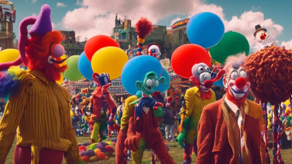 Image similar to the giants clowns at the fair, they tie a balloon animal, film still from the movie directed by denis villeneuve and david cronenberg with art direction by salvador dali and dr. seuss