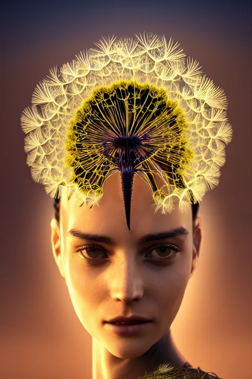 Prompt: intricate hyper detailed ultra sharp 3 d render of profile portrait, dark witch, leaves stems, unsplash model transparent fractal dandelion, moon in the background, yellow pistil filigree roots, intricate details, human face, facial features, elegant, hyper realistic, ultra detailed, octane render, volumetric cinematic lighting, 8 k post - production