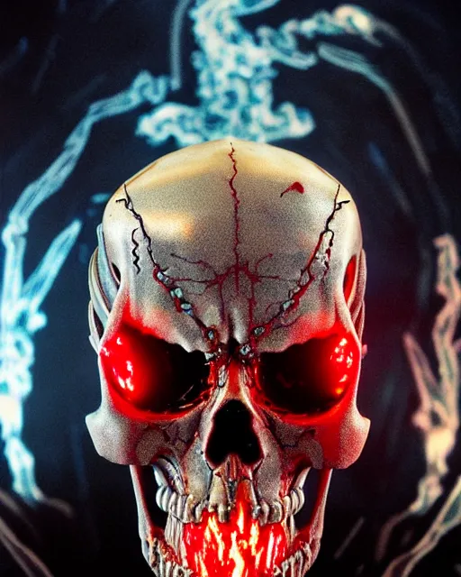 Image similar to red fiery eyes spawn - terminator skull - ghost rider - hybrid, supervillains, intricate artwork, concept art, eyes octane render, deviant art, cinematic, key art, hyperrealism, iridescent accents, portrait photograph, in hell, nikon 3 5 mm, ridley scott, moebius, dan mumford, jim lee