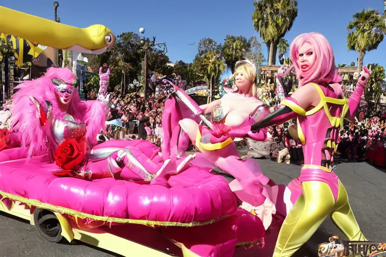 Image similar to Angelyne fights Scorpion from Mortal Kombat on a float at the Rose Parade, hyperdetailed, photorealistic,