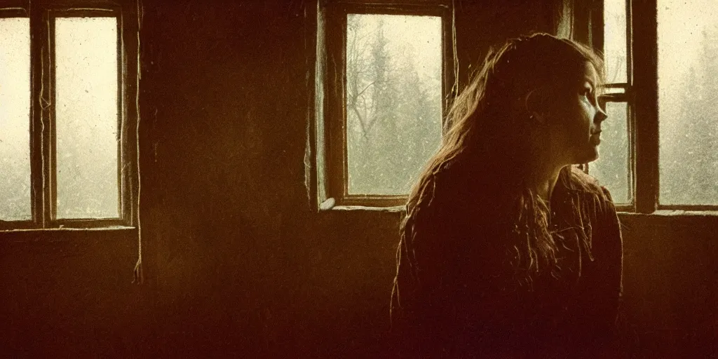 Prompt: portrait bust of young woman, tired expression, faded color film, russian cinema, tarkovsky, kodachrome, inside old cabin, next to window, heavy forest outside, long brown hair, old clothing, heavy fog, brown color palette, hudson river school, 4 k, dramatic lighting, greg rutkowski
