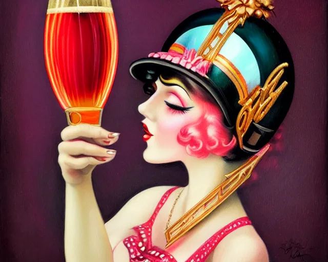 Prompt: a 1 9 2 0 s cancan dancer with a big bottle of champagne in art deco style, nicoletta ceccoli, mark ryden, lostfish, max fleischer, hyper realistic, artstation, illustration, digital paint, matte paint, vivid colors, bright, cheerful, detailed and intricate environment