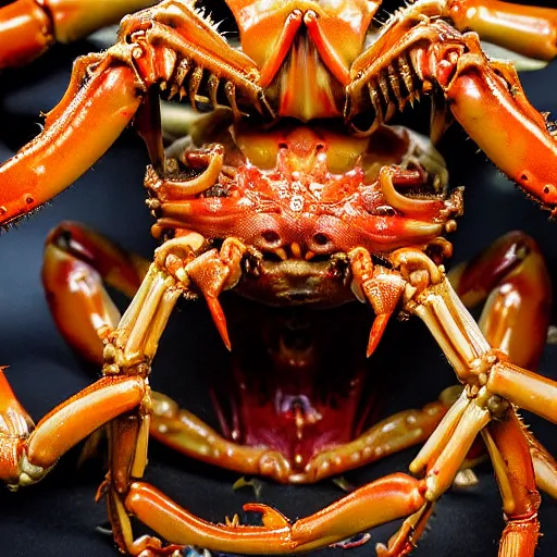 Prompt: photo taken of an epic intricate, ultra detailed, super realistic sculpture of a wet slimy nightmarish hellish demonic dead human head sprouting crab legs animatronic on display in a workshop, created by weta workshop, photorealistic, sharp focus, f 0. 4, face centred, macro photography, golden ratio, golden hour