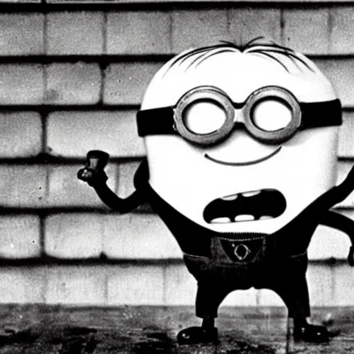 Prompt: A high quality black and white photo of the world's most infamous, serial killer, a minion named Minion the Ripper, shortly after claiming his last victim circa 1892.