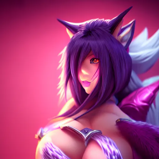 Image similar to Photo of Ahri from League of Legends, close-up, high detail, studio, fantasy, octane 3D, ominous background, sharp