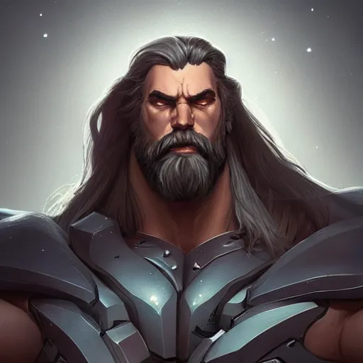 Image similar to science-fiction utopian character portrait of a huge muscular tall giant Reinhardt from Overwatch, long white hair and beard, intricate, wild, highly detailed, digital painting, artstation, upper body, concept art, smooth, sharp focus, illustration, art by artgerm and greg rutkowski and alphonse mucha