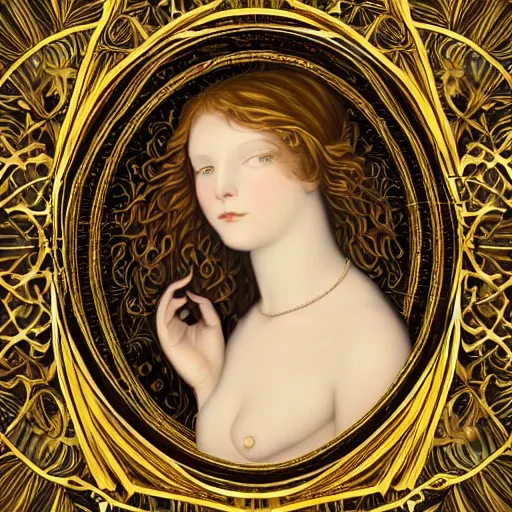 Prompt: a beautiful girl made of ivory and gold, highly intricate, digital art, very detailed, in the style of a weird and dark eerie liminal art nouveau flemish painting, 8k, dark