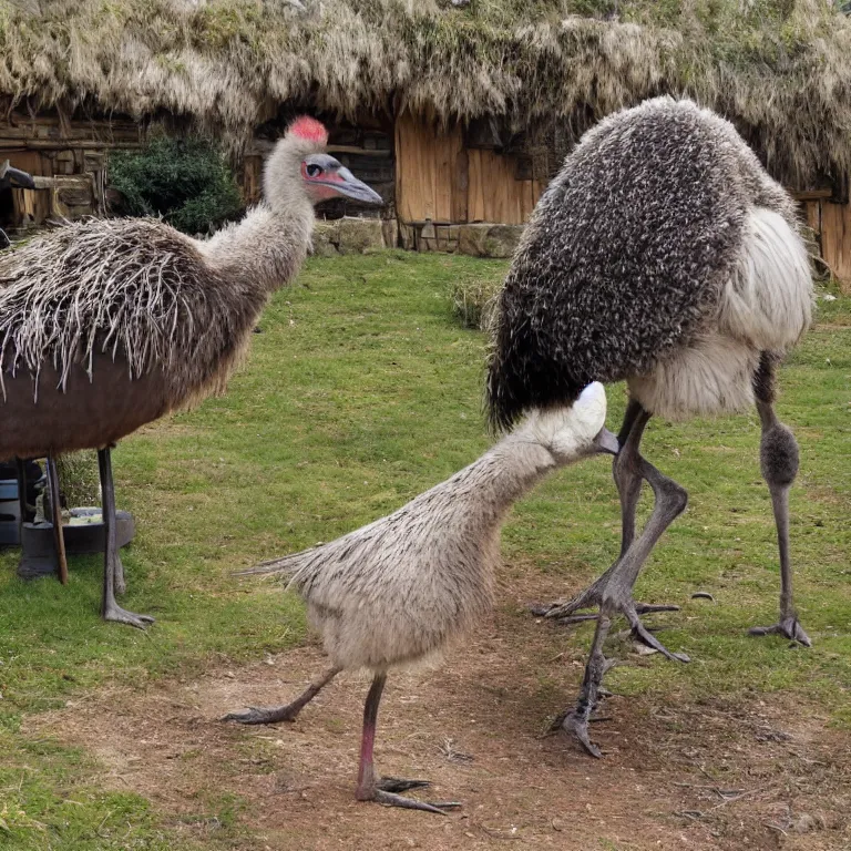 Prompt: an emu in the middle of a hobbit tavern