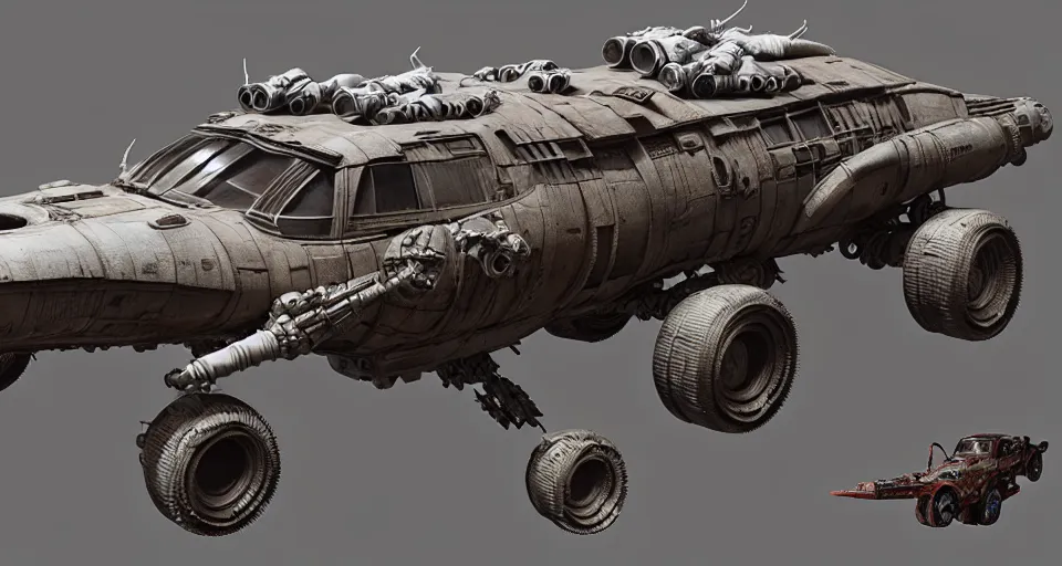 Image similar to highly detailed cinematic scifi render of 3 d sculpt of fury road spaceship, guardians of the galaxy, star wars, maschinen krieger, raphael lecoste, syd mead