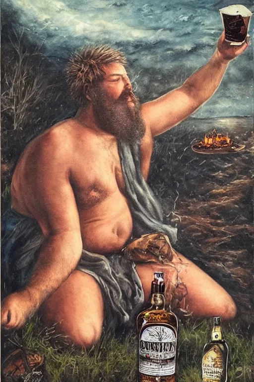 Prompt: a dramatic, epic, ethereal painting of a !!!handsome!!! thicc chunky beefy mischievous shirtless man with a big beer belly wearing a large belt and bandana offering a whiskey bottle and has a short beard | he is a cowboy relaxing by a campfire | background is a late night with food and jugs of whisky | homoerotic | stars, tarot card, art deco, art nouveau, mosaic, intricate | by Mark Maggiori (((and Alphonse Mucha))) | trending on artstation