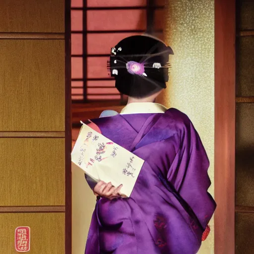 Image similar to Japanese geisha with beautiful violet paper fan, 4k photography, 30 mm lens, cinematic light, warm atmosphere, in style of Kar Wai Wong, cigarette smoke trail