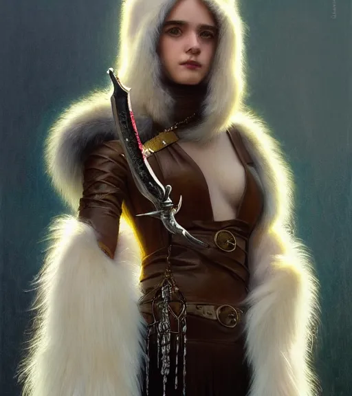 Image similar to portrait of teenage athena holding a dagger, stern expression, long ivory hair, wearing clothing of leather and fur, fringe, bone jewelry, intricate, elegant, leather jewelry, glowing lights, highly detailed, digital painting, artstation, concept art, smooth, sharp focus, illustration, art by wlop, mucha, artgerm, and greg rutkowski