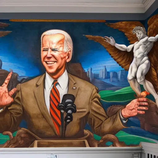 Prompt: a church mural depicting joe biden as a god, 4 k, highly detailed, painted by michelangelo