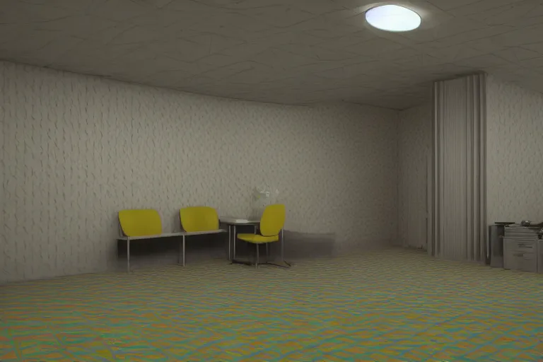 Image similar to 3 d render of jerma 9 8 5, jerma in a liminal space, non - euclidean space, endless halls of office space with worn light mono - yellow 7 0 s wallpaper, old moist carpet, and inconsistently - placed fluorescent lighting | high octane | blender | 3 d render