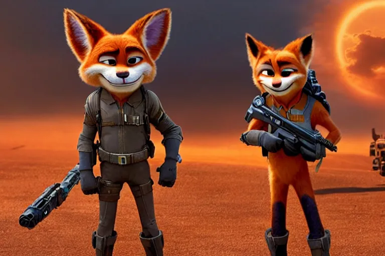 Image similar to nick wilde ( from zootopia ), heavily armed and armored facing down armageddon in a dark and gritty reboot from the makers of mad max : fury road