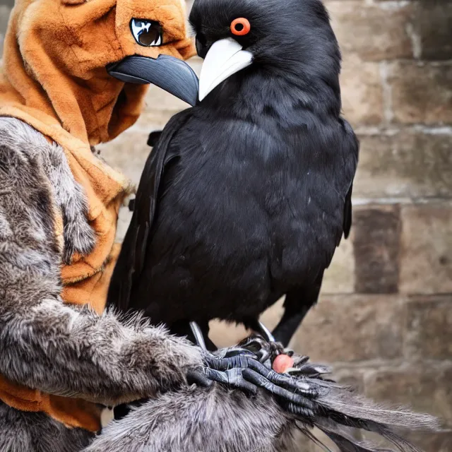 Prompt: a person wearing a fursuit of a crow fursona, fursona, photograph, furry fandom, photorealistic,