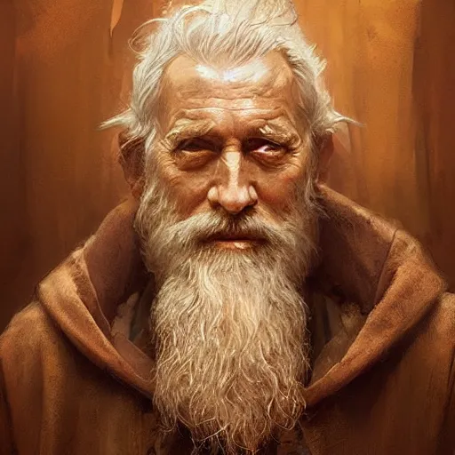 Prompt: Portrait of a old man with a long beard dressed in brown wizard robes with a hawaiian shirt underneath, detailed face, fantasy, highly detailed, cinematic lighting, digital art painting by greg rutkowski