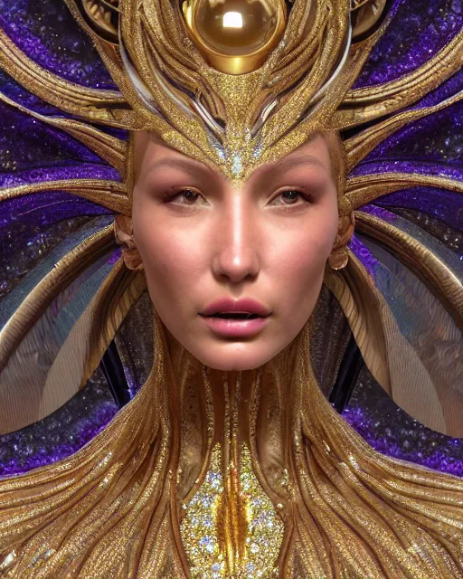 Image similar to a highly detailed metahuman 4 k close up render of an alien goddess bella hadid nymph in iris van herpen dress schiaparelli in diamonds crystals swarovski and jewelry iridescent in style of alphonse mucha gustav klimt trending on artstation made in unreal engine 4