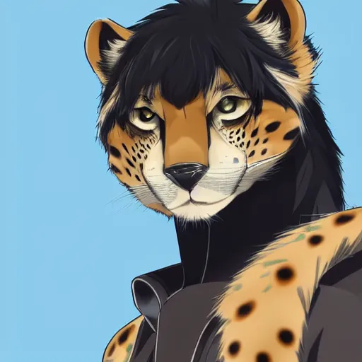 Prompt: modern anime portrait an anthro male cheetah furry fursona in an elegant outfit, handsome anime eyes, key anime visuals with anime environmental background