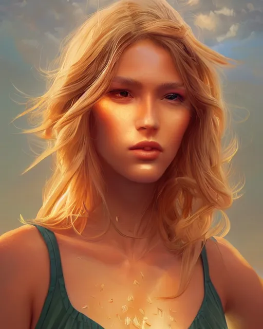 Image similar to summer vibes, beautiful sun tanned woman portrait, flowy golden hair, sun, summer, cinematic lighting, highly detailed, digital painting, trending on artstation, pixiv, concept art, sharp focus, illustration, art by ross tran and wlop