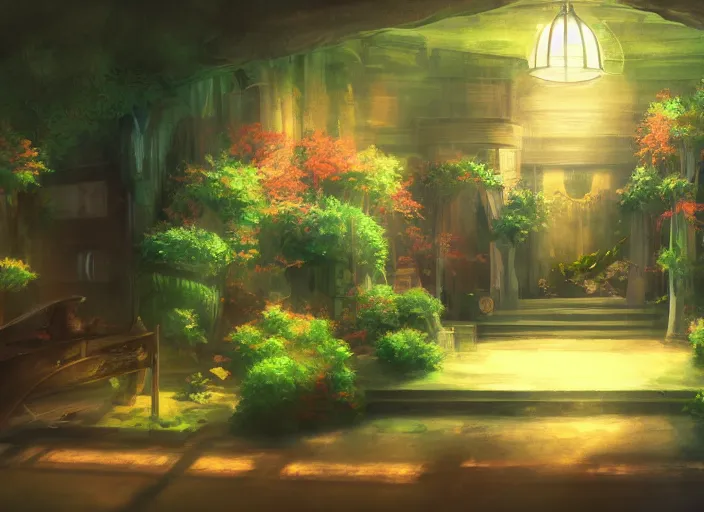 Image similar to anime background clean neat clarity professional visual development set design, cozy hall with big screen instead of one wall, sparse plants, dim painterly lighting volumetric aquatics, impasto, trending on pixiv