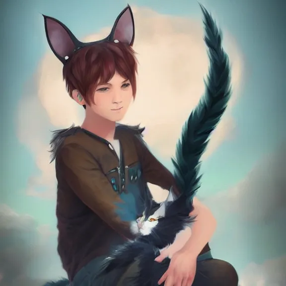 Image similar to boy with cat ears and cat tail, fantasy artwork, award winning, very very very very very very very very beautiful, trending on artstation.