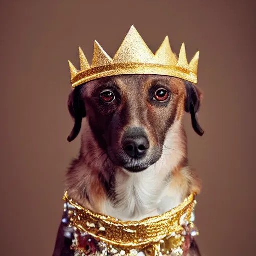 Image similar to A very realistic photograph of a dog wearing a golden crown with gems.