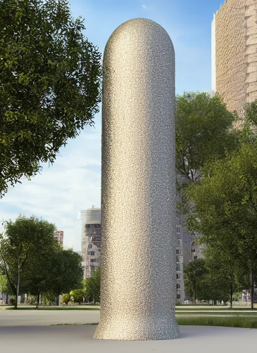 Prompt: highly detailed realistic architecture 3 d render of a futurisctic metallic stele made from balls standing in a city park, archdaily, made in unreal engine 4 octane render