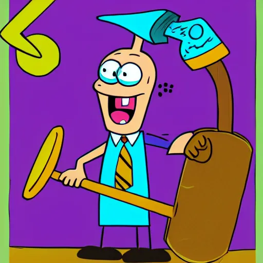 Image similar to patrick from spongebob squarepants holding a hammer, intricate abstract, cartoon