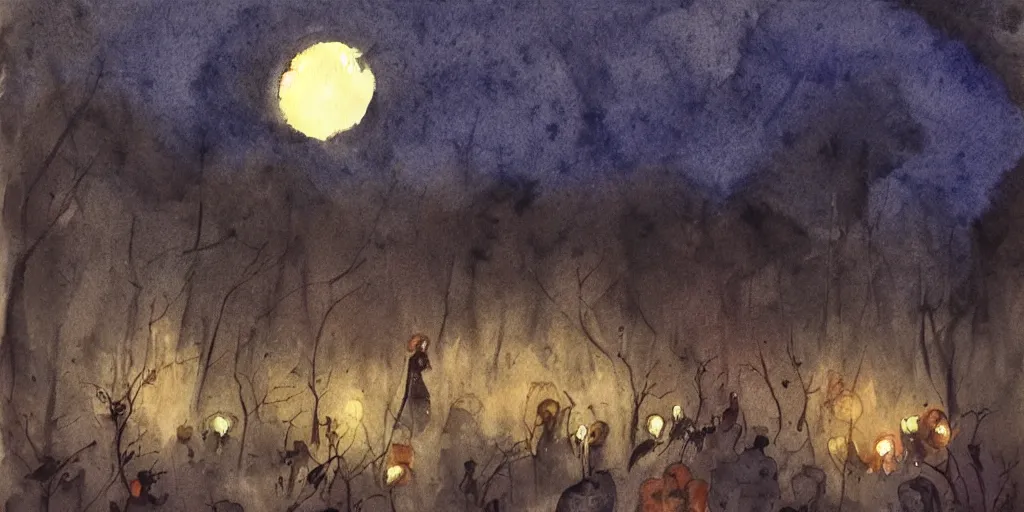 Prompt: forest mystical ceremony under the moon light, fireflies, ominous sky, watercolor by jeffrey catherine jones