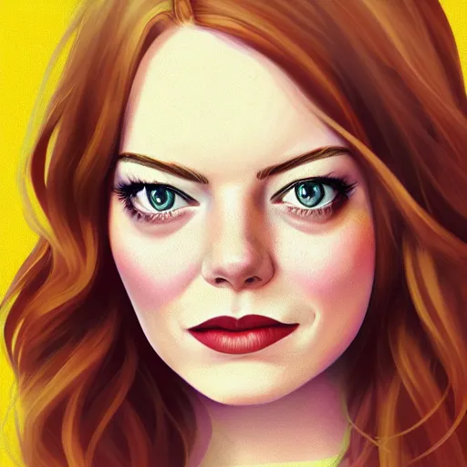 Prompt: emma stone portrait by sandrawinther, disney cartoon face, glamorous, character art, digital illustration, big eyes, semirealism, realistic shaded perfect face, fine details, realistic shaded lighting, soft and blurry