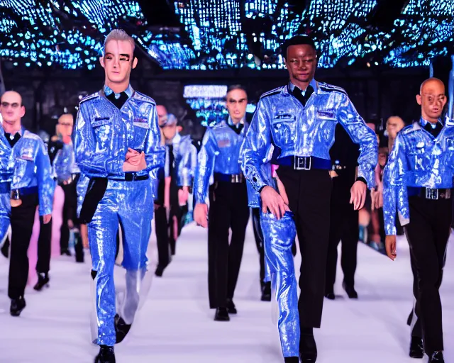 Prompt: SS officers in disco themed uniforms walking on the catwalk of a Hugo Boss fashion show, promotional pictures, 8k, coloured