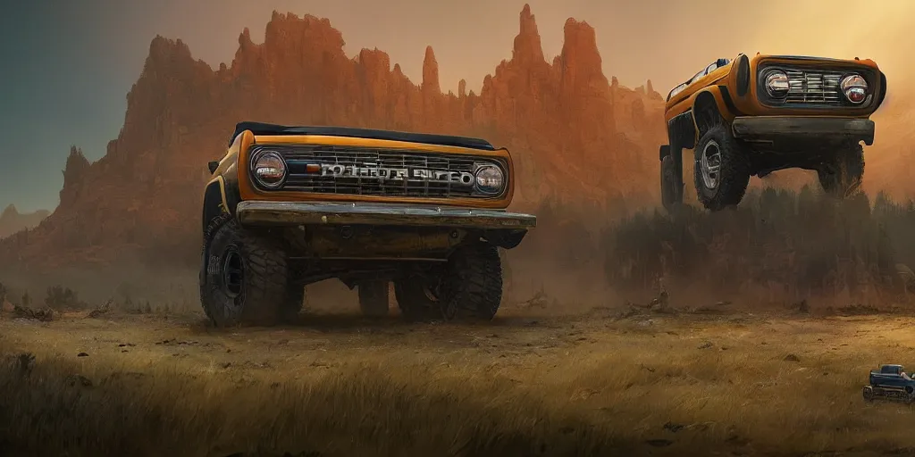 Image similar to ford bronco, an epic fantasy, dramatic lighting, cinematic, establishing shot, extremely high detail, photorealistic, cinematic lighting, artstation, by simon stalenhag, horizon forbidden west