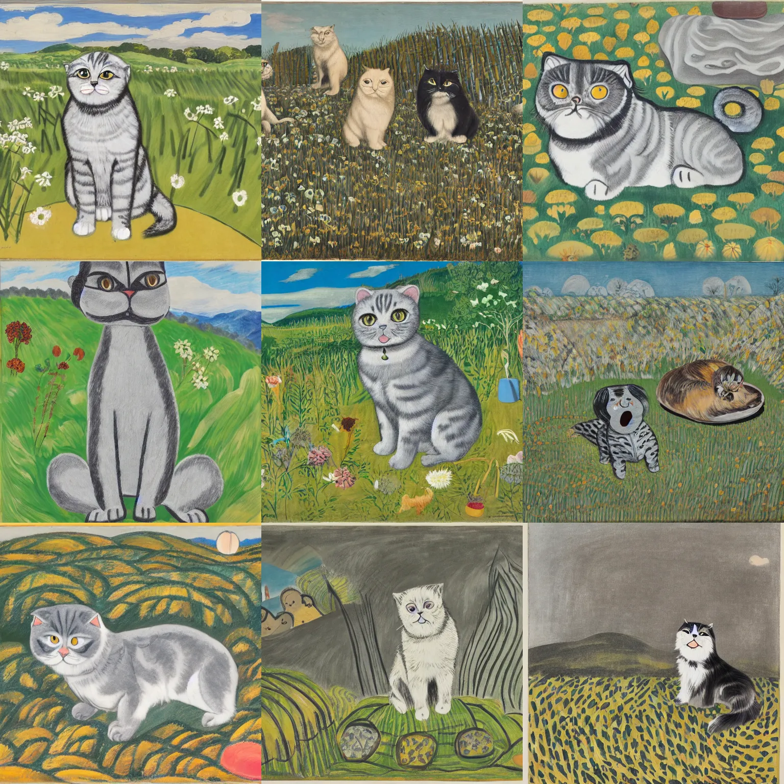 Prompt: a gray scottish fold sitting in the middle of sunny meadow, by yasuo kuniyoshi