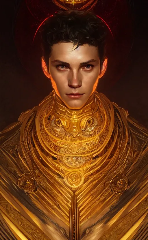 Image similar to portrait of a young handsome dark god, gold wires, three quarter view, intricate, headshot, highly detailed, digital painting, artstation, concept art, sharp focus, cinematic lighting, illustration, art by artgerm and greg rutkowski, alphonse mucha, cgsociety