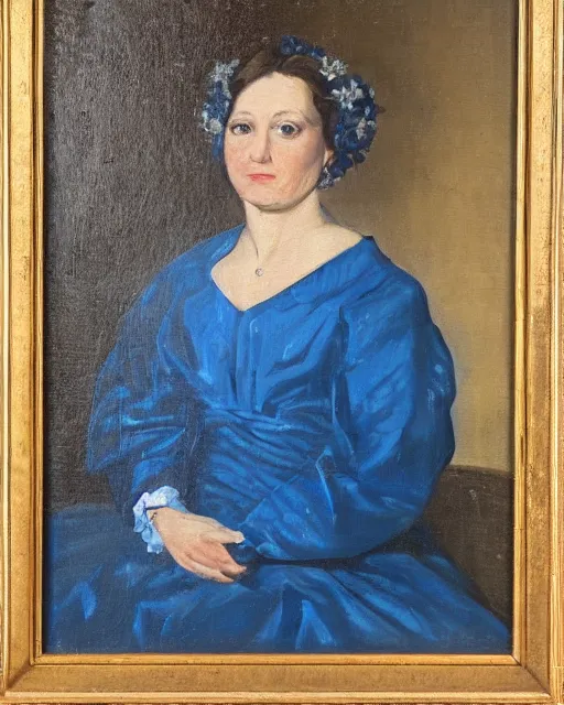 Prompt: an oil painting portrait of a woman in a starry blue gown