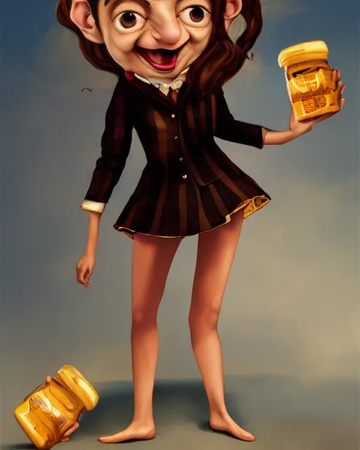 Image similar to beautiful mr bean as honey, made of honey, wearing honey - themed miniskirt, award winning creature portrait photography, extremely detailed, artstation, 8 k, sensual lighting, incredible art, wlop, artgerm, backlit, rim lighting, hi - fructose