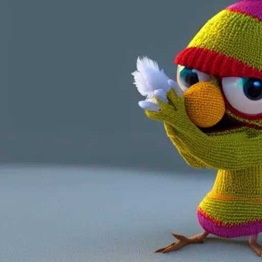 Prompt: anthropomorphic cute bird character wearing a knitted sweater, Disney Pixar, in the style of claymation, high detail, detailed feathers and fur, 3d render