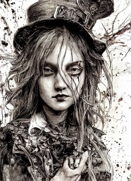 Image similar to portrait, grunge alice in wonderland, watercolor, dramatic lighting, cinematic, establishing shot, extremly high detail, foto realistic, cinematic lighting, pen and ink, intricate line drawings, by Yoshitaka Amano, Ruan Jia, Kentaro Miura, Artgerm, post processed, concept art, artstation, matte painting, style by eddie mendoza, raphael lacoste, alex ross