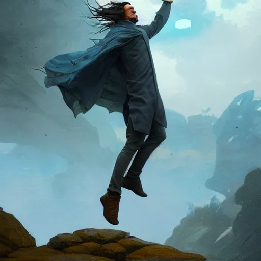Prompt: a young man with long wavy black hair and a long blue coat floats in the air very high up over rocky ground. he is glowing. fantasy painting by greg rutkowski.