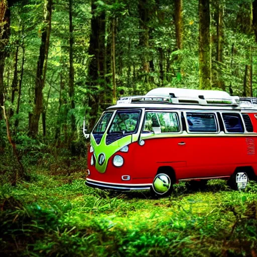 Image similar to a wide shot of a 1 9 9 0 s volkswagon camper van in a forest in the style of studio ghibli and moebius